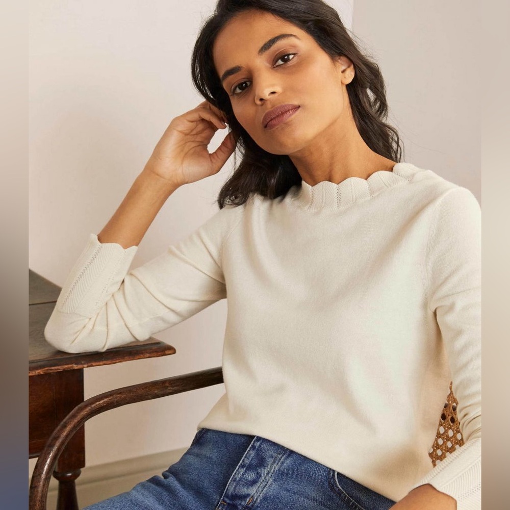 Boden Cream Scallop-Edge Sweater